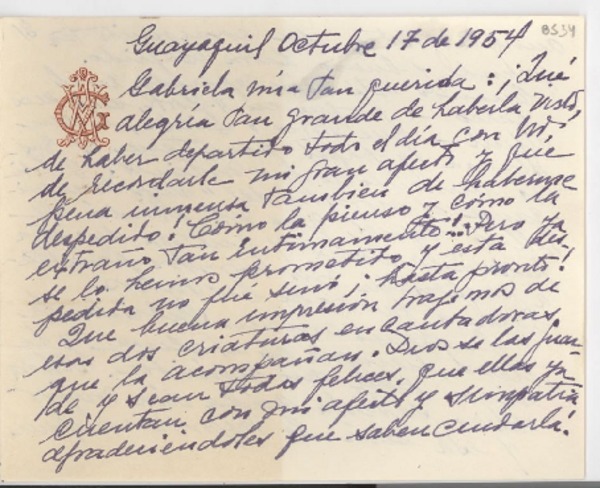 [Carta] 1954 oct. 17, Guayaquil, [Ecuador] [a] Gabriela [Mistral]