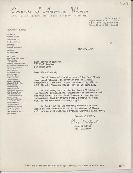 [Carta] 1946 May 10, New York [a] Gabriela Mistral, New York