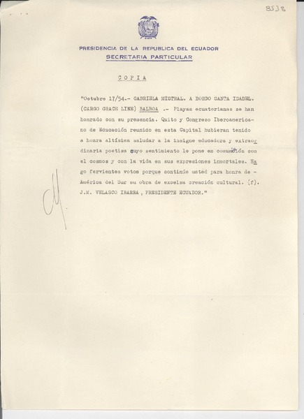 [Carta] 1954 oct. 17, [Ecuador] [a] Gabriela Mistral, a bordo del Santa Isabel