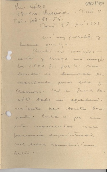 [Carta] 1939 jun. 18, Paris [a] Gabriela Mistral