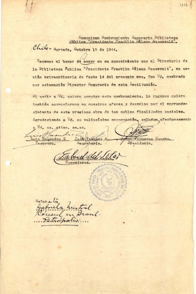 [Carta] 1944 oct. 15, Hurtado, Chile [a] Gabriela Mistral, Petrópolis, [Brasil]