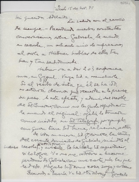 [Carta] 1955 nov. 15, Quito, [Ecuador] [a] Adelaida [Velazco Galdos]