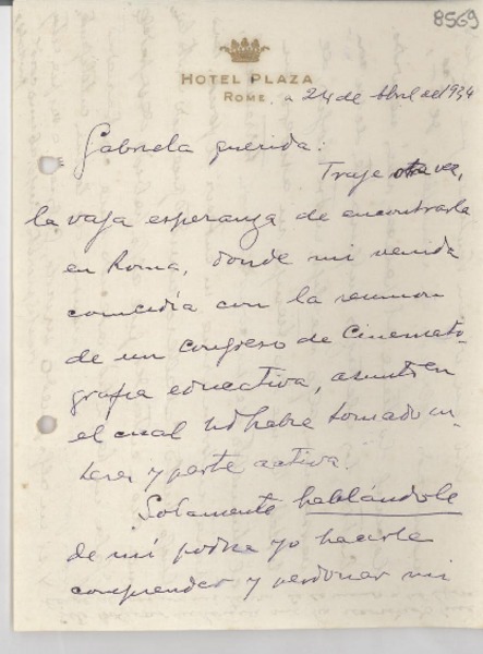 [Carta] 1934 abr. 24, [Roma] [a] Gabriela Mistral