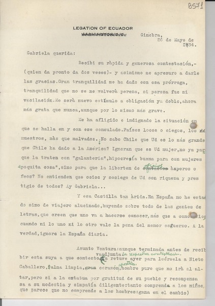 [Carta] 1934 mayo 26, Ginebra [a] Gabriela Mistral, Madrid