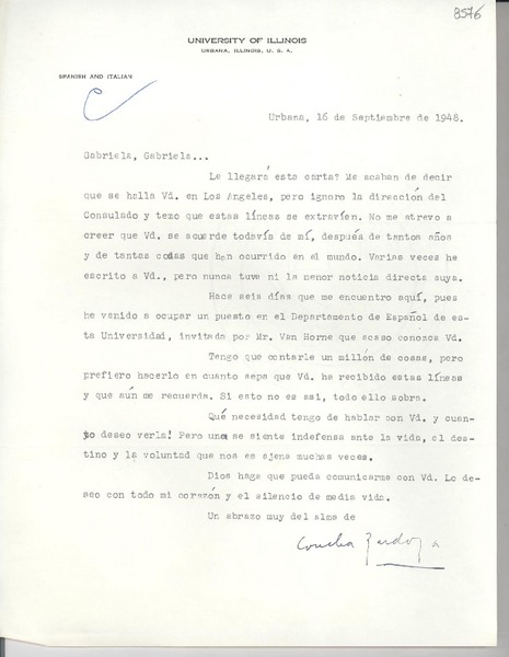 [Carta] 1948 sept. 16, Urbana, [Illinois, Estados Unidos] [a] Gabriela Mistral