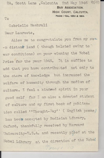 [Carta] 1946 May 2, Calcutta, [India] [a] Gabriello Mesbrali [i.e. Gabriela Mistral]