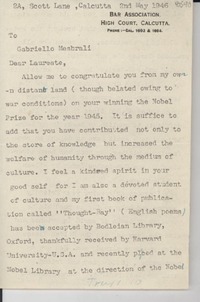[Carta] 1946 May 2, Calcutta, [India] [a] Gabriello Mesbrali [i.e. Gabriela Mistral]