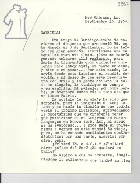 [Carta] 1954 sept. 15, New Orleans, [Estados Unidos] [a] Gabriela Mistral