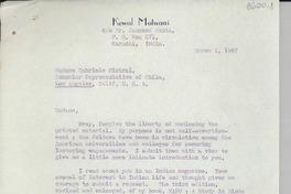 [Carta] 1947 Mar. 1, India [a] Gabriele [i.e. Gabriela] Mistral, Los Angeles, Calif., [EE.UU.]