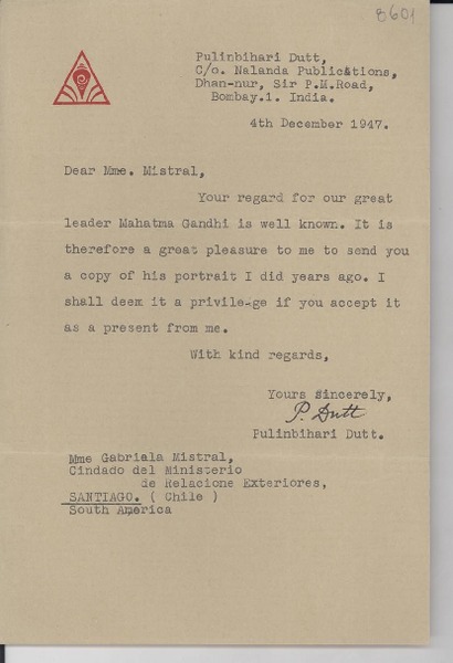 [Carta] 1947 Dec. 4, Bombay, India [a] Gabriela Mistral, Santiago, Chile
