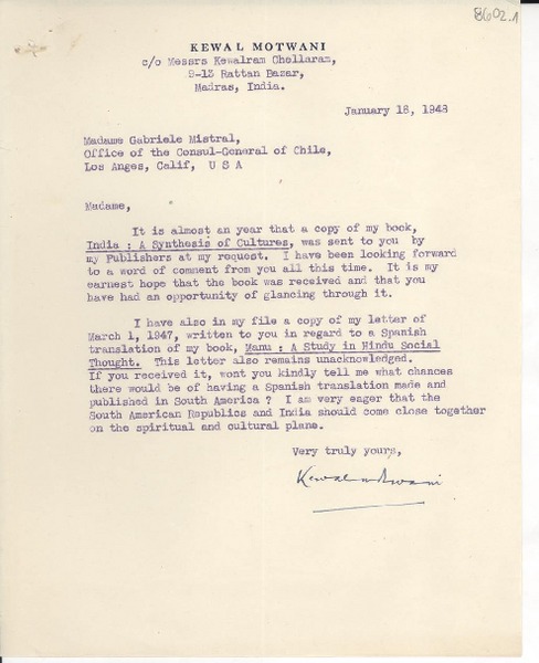 [Carta] 1948 Jan. 16, Madras, India [a] Gabriele [i.e. Gabriela] Mistral, Los Anges [i.e. Angeles], Calif., [EE.UU.]