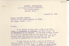 [Carta] 1948 Jan. 16, Madras, India [a] Gabriele [i.e. Gabriela] Mistral, Los Anges [i.e. Angeles], Calif., [EE.UU.]