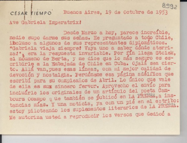 [Carta] 1953 oct. 19, Buenos Aires [a] Gabriela Mistral