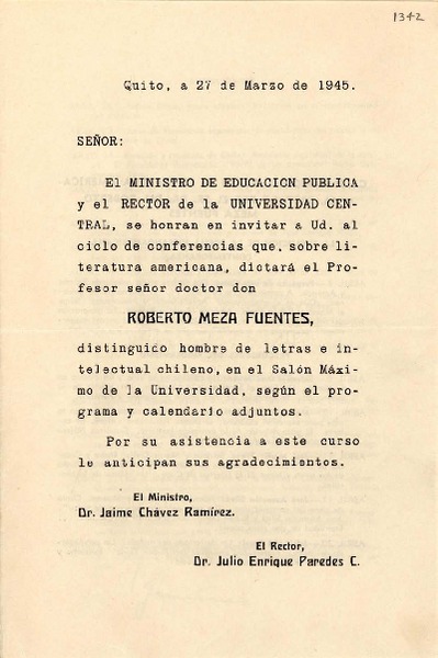 [Carta] 1945 mar. 27, Quito [a] Gabriela Mistral