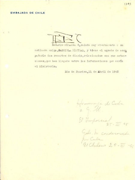[Carta] 1945 abr. 11, Río de Janeiro [a] Gabriela Mistral