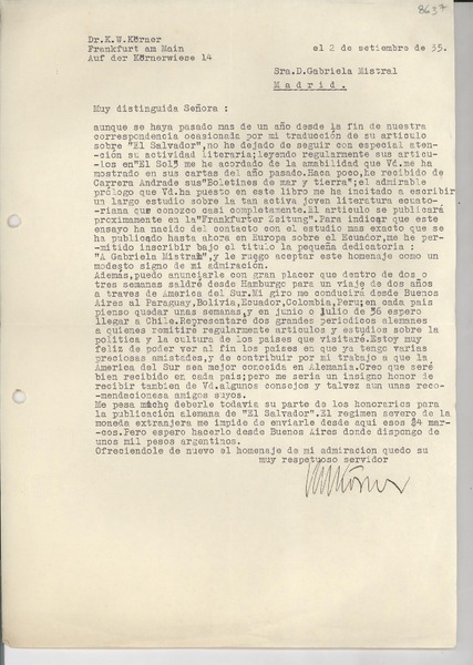 [Carta] 1935 sept. 2, Frankfurt, [Alemania] [a] Gabriela Mistral, Madrid, [España]