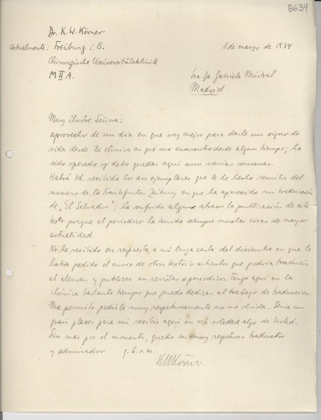 [Carta] 1934 mar. 1, [Alemania] [a] Gabriela Mistral, Madrid
