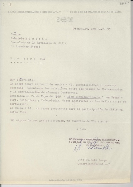 [Carta] 1955 feb. 24, Frankfurt [a] Gabriela Mistral, New York, USA