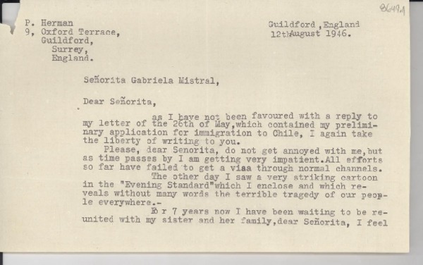 [Carta] 1946 Aug. 12, Guildford, England [a] Gabriela Mistral