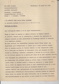 [Carta] 1948 mar. 1, Würzburgo, US Zone, Alemania [a] Gabriela Mistral, Santiago, Chile