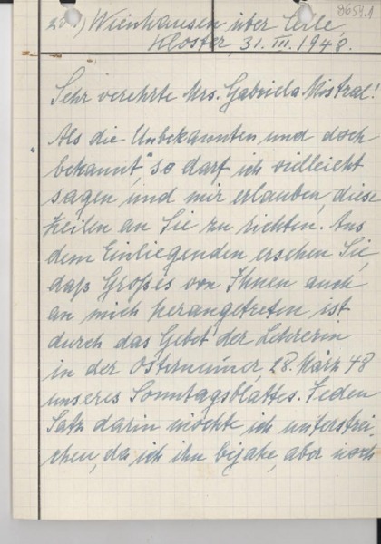[Carta] 1948 mar. 31, Wienhausen ueber Celle, [Alemania] [a] Gabriela Mistral