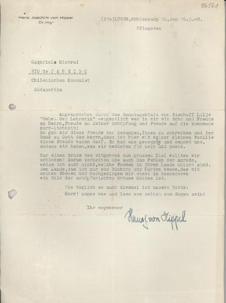 [Carta] 1948 mayo 12, Lünen, [Alemania] [a] Gabriela Mistral, Río de Janeiro, [Brasil]