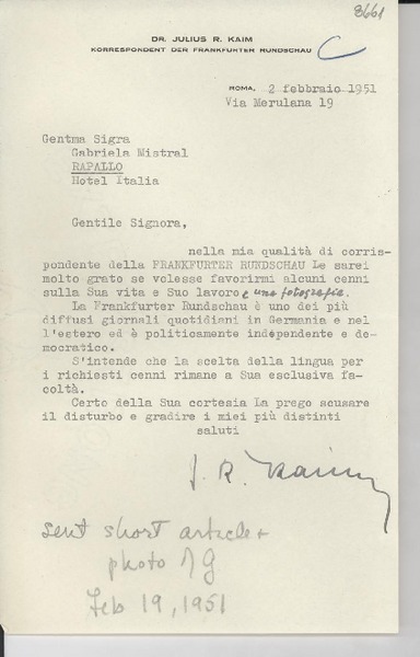 [Carta] 1951 febbr. 2, Roma, Italia [a] Gabriela Mistral, Rapallo, [Italia]