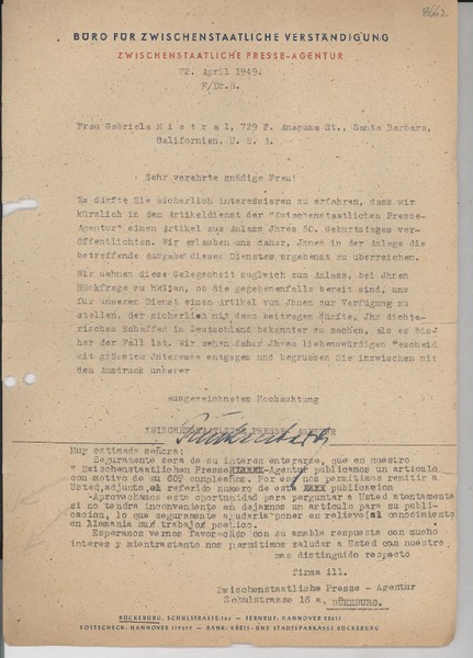 [Carta] 1949 abr. 22, Bükerburg, [Alemania] [a] Gabriela Mistral, Santa Barbara, Californien, [EE.UU.]
