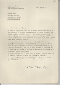 [Carta] 1952 abr. 28, Berlin-Oberschöneweide, [Alemania] [a] Gabriela Mistral, Consulado de Chile, Rapallo, Italien