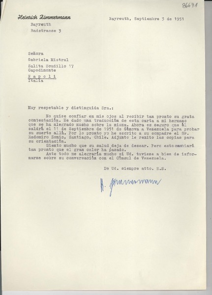 [Carta] 1951 sept. 3, Bayrenth, [Alemania] [a] Gabriela Mistral, Napoli, Italia
