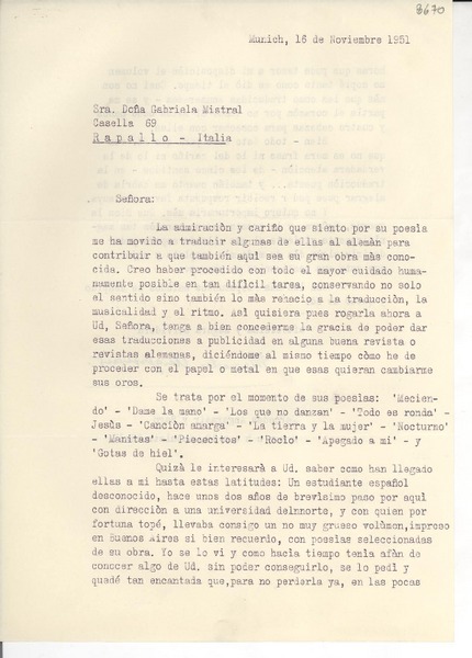 [Carta] 1951 nov. 16, Munich, [Alemania] [a] Gabriela Mistral, Rapallo, Italia