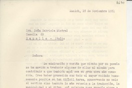 [Carta] 1951 nov. 16, Munich, [Alemania] [a] Gabriela Mistral, Rapallo, Italia