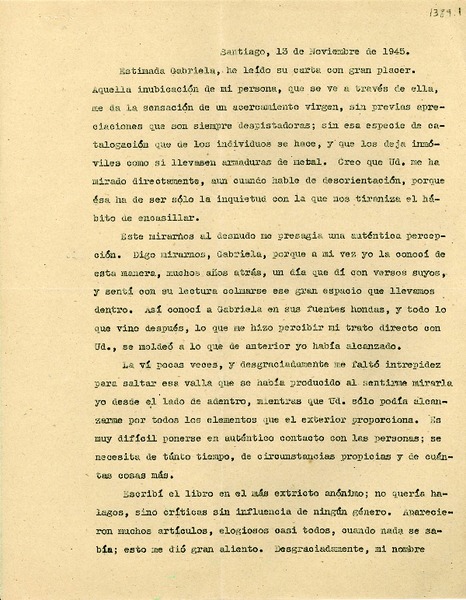 [Carta] 1945 nov. 13, Santiago [a] Gabriela Mistral