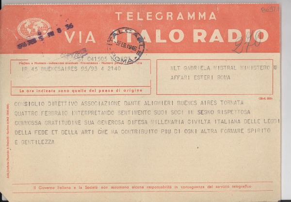 [Telegrama] 1946 feb. 5, Buenos Aires [a] Gabriela Mistral, Roma