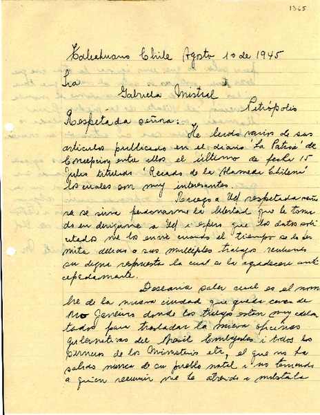 [Carta] 1945 ago. 1, Talcahuano, Chile [a] Gabriela Mistral, Petrópolis