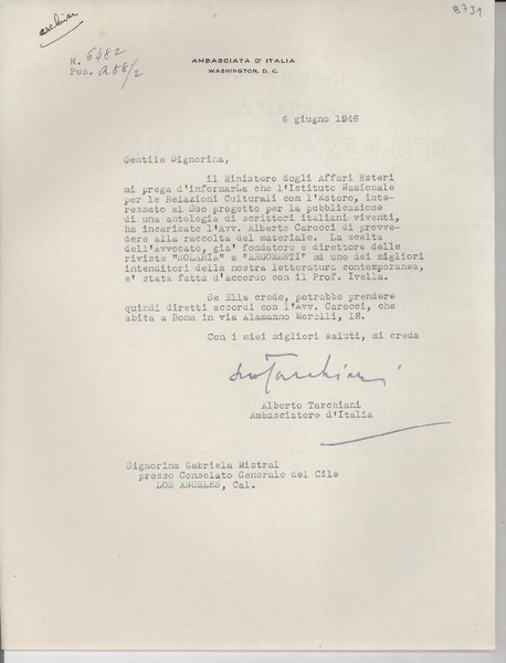 [Carta] 1946 giugno 6, Washington, D. C., [EE.UU.] [a] Gabriela Mistral, Los Angeles, Cal., [EE.UU.]