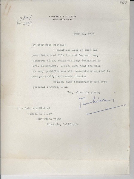 [Carta] 1946 July 11, Washington D. C., [EE.UU.] [a] Miss Gabriela Mistral, Consul de Chile, Monrovia, California, [EE.UU.]