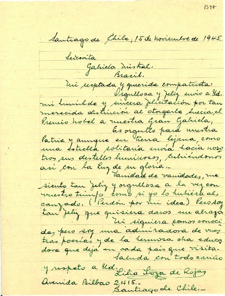 [Carta] 1945 nov. 15, Santiago [a] Gabriela Mistral, Petrópolis