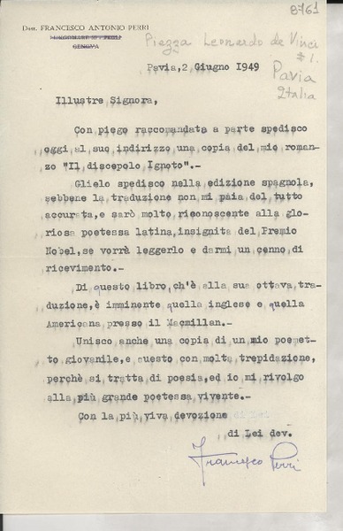 [Carta] 1949 giugno 2, Pavia, [Italia] [a] Gabriela Mistral