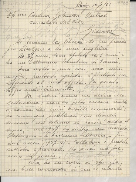 [Carta] 1951 ene. 14, Rovigo, [Italia] [a] Gabriella [i.e. Gabriela] Mistral, Genova, [Italia]