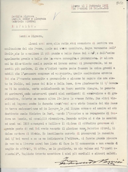 [Carta] 1951 febbr. 1, Livorno, [Italia] [a] Gabriela Mistral, Rapallo, [Italia]