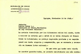 [Carta] 1945 nov. 12, Iquique [a] Gabriela Mistral, Petrópolis