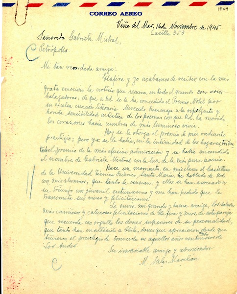 [Carta] 1945 nov. 16, Viña del Mar, [Chile] [a] Gabriela Mistral, Petrópolis