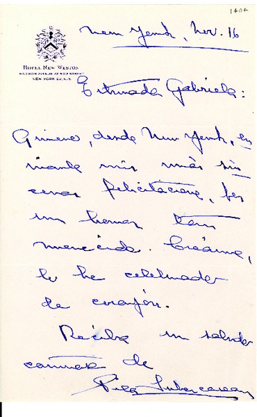 [Carta] 1945 nov. 16, New York [a] Gabriela Mistral