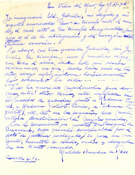 [Carta] 1945 nov. 17, Viña del Mar, [Chile] [a] Gabriela [Mistral]