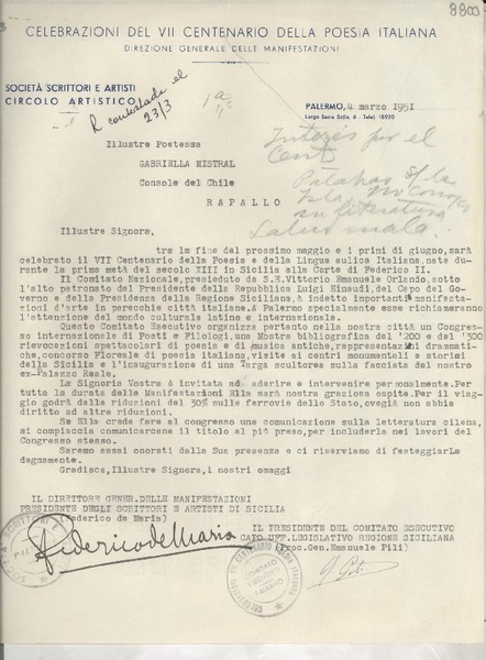 [Carta] 1951 mar. 4, Palermo, [Italia] [a] Gabriela Mistral, Rapallo