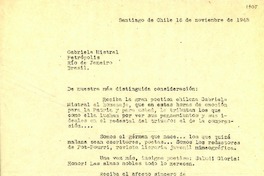 [Carta] 1945 nov. 16, Santiago de Chile[a] Gabriela Mistral, Petrópolis