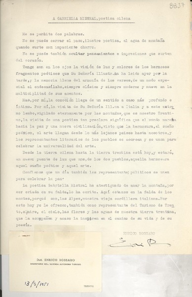 [Carta] 1951 jun. 13, Trento, [Italia] [a] Gabriella [i.e. Gabriela] Mistral