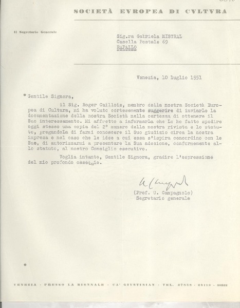 [Carta] 1951 luglio 10, Venezia, [Italia] [a] Gabriela Mistral, Rapallo, [Italia]