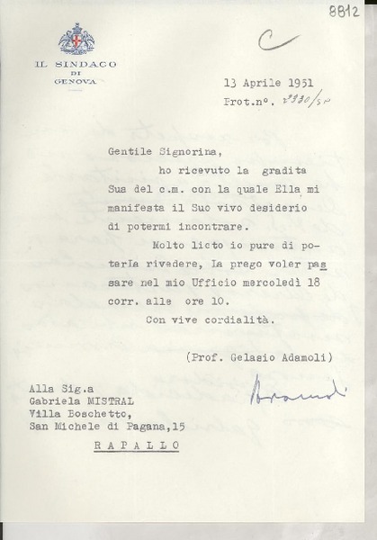[Carta] 1951 apr. 13, Genova, [Italia] [a] Gabriela Mistral, Rapallo